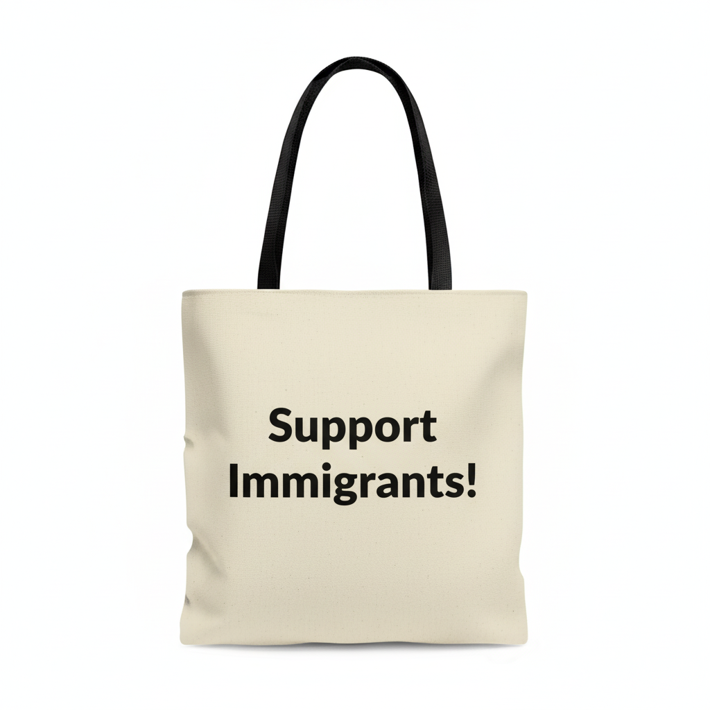Beige canvas tote bag with Support Immigrants text