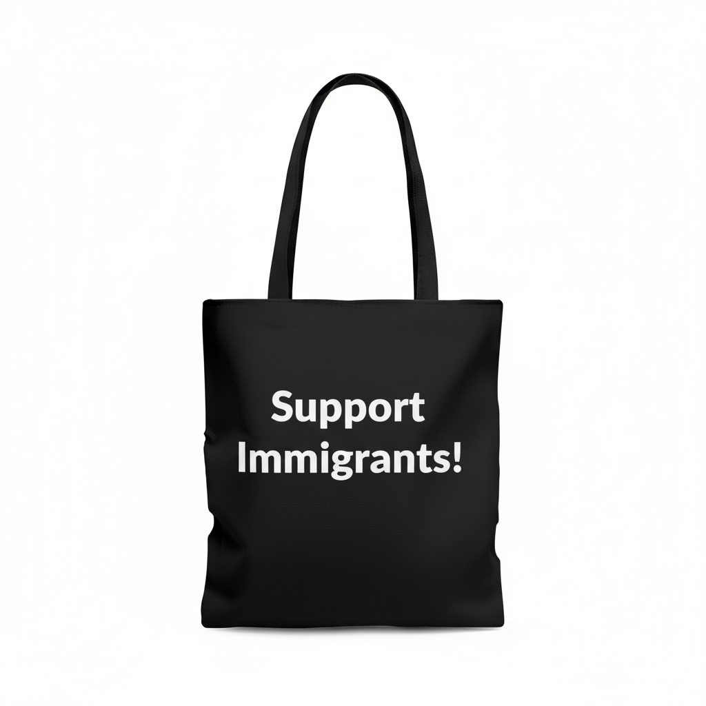 Black tote bag with Support Immigrants text