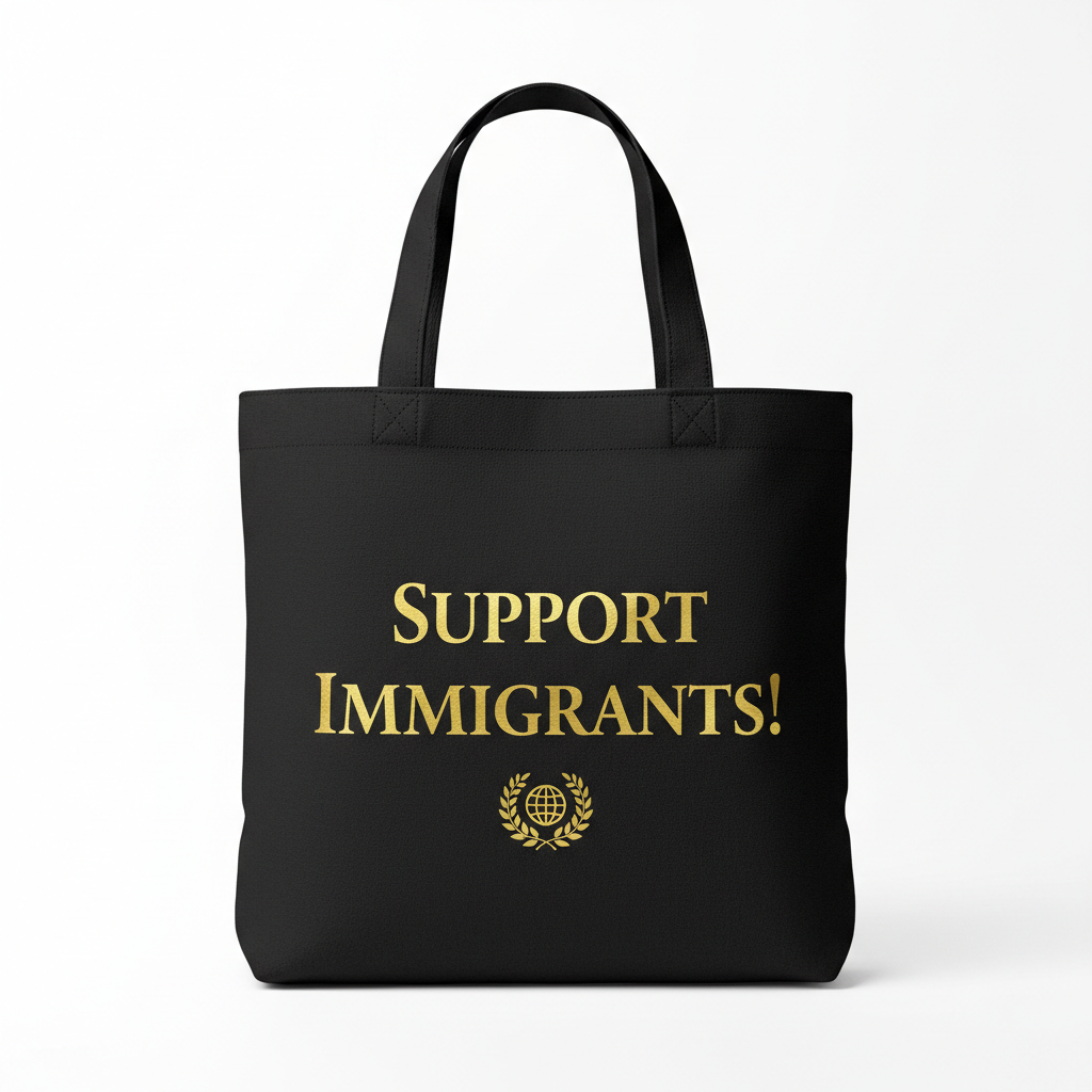Black tote with gold Support Immigrants text
