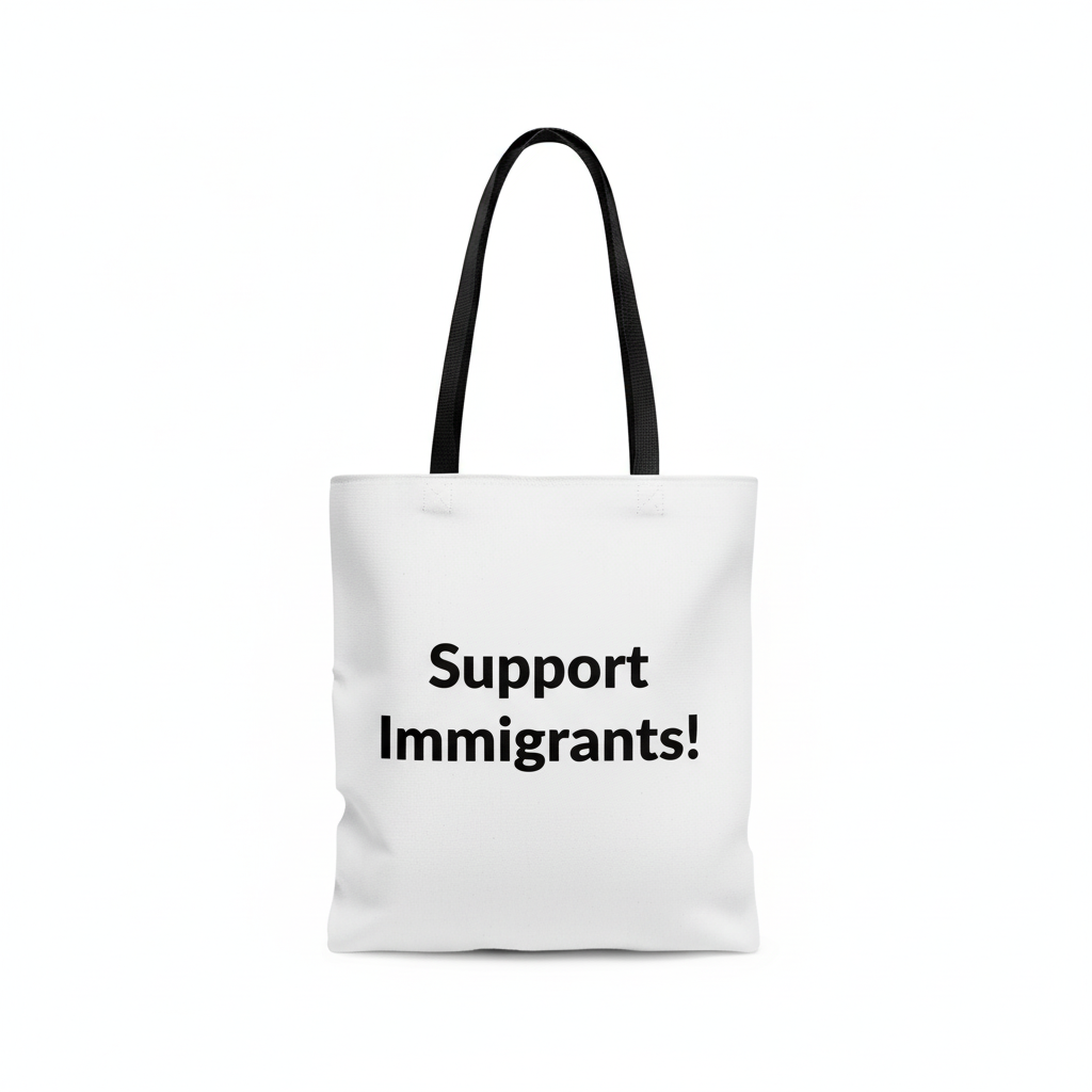 White tote bag with Support Immigrants text